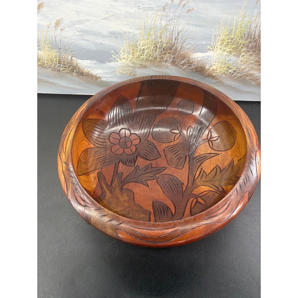 Vintage Hand Carved Floral Wood Bowl 12 Inch Round Rustic Boho Decorative Dish